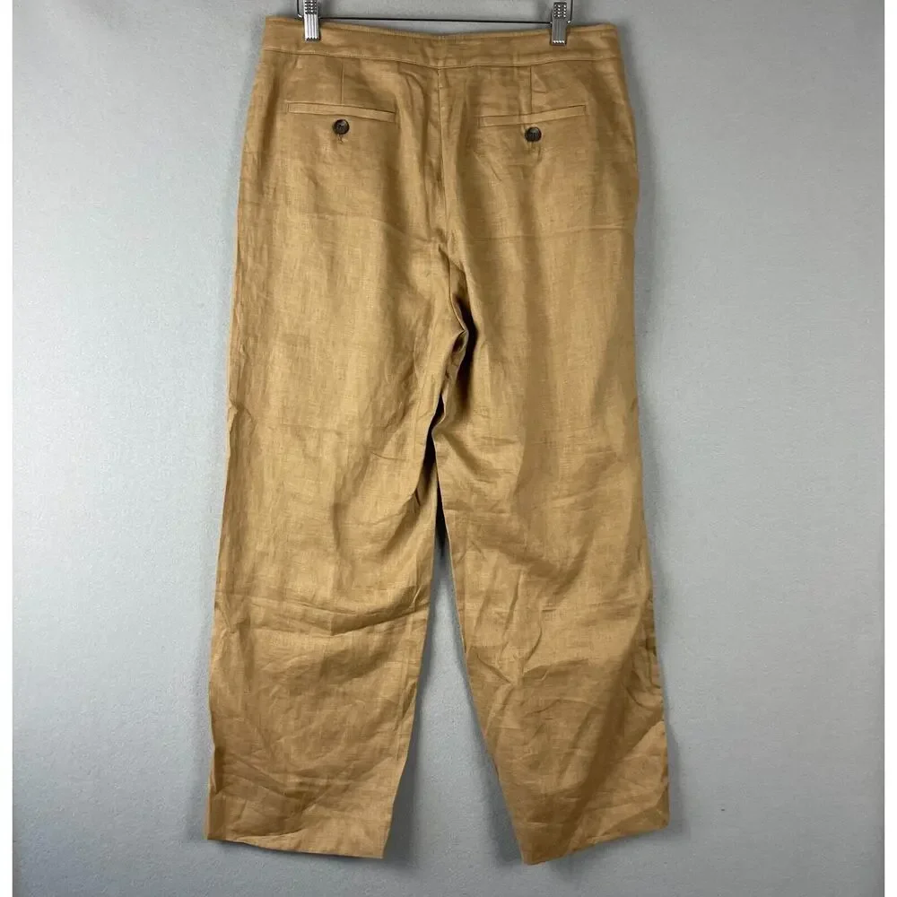 Banana Republic Linen Pant Women 12 Short 12S Latte Tan Wide Leg Pleated Classic